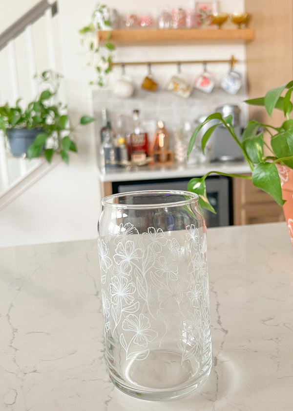 16oz White Floral Glass