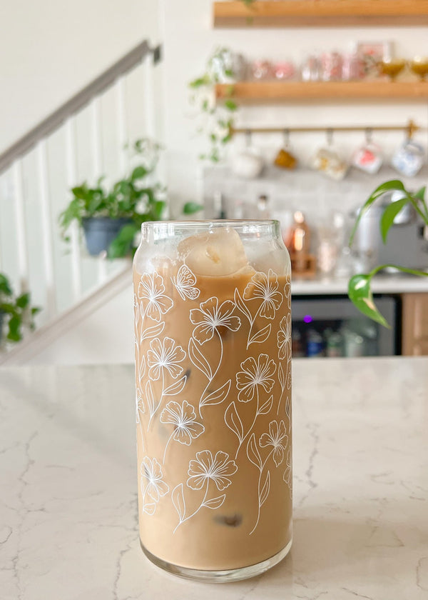 20oz White Floral Glass