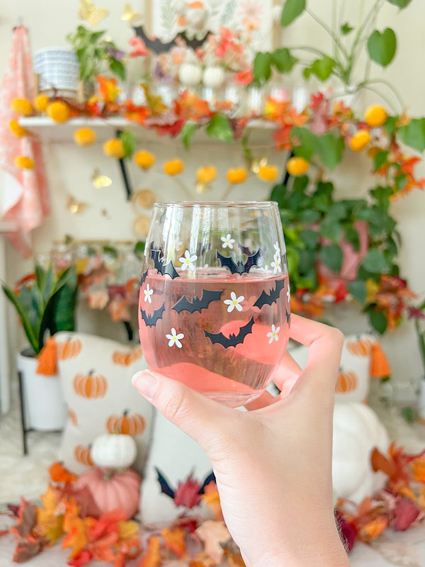 Bats and Daisies Wine Glass