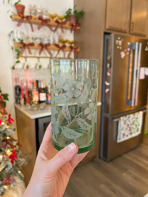 Green Engraved Floral Glass