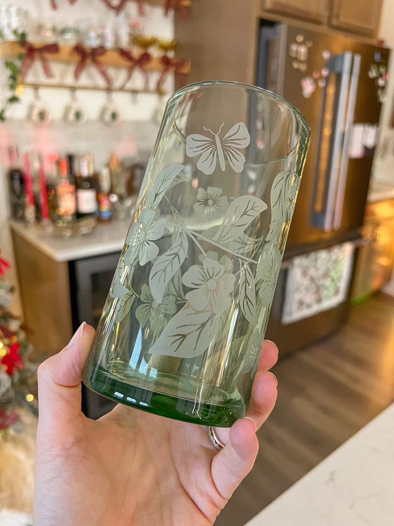 Green Engraved Floral Glass