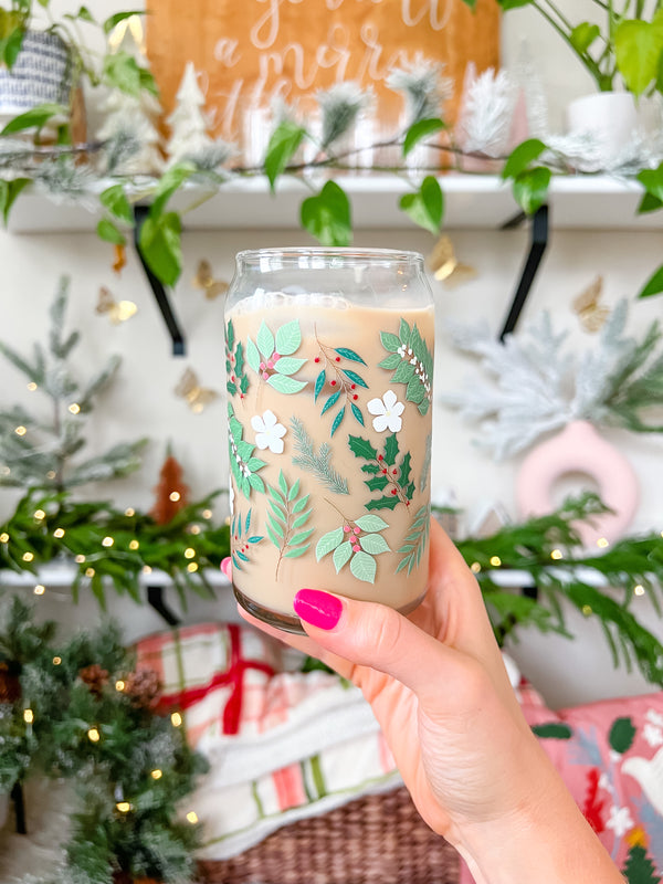 16oz Holly Leaves Glass